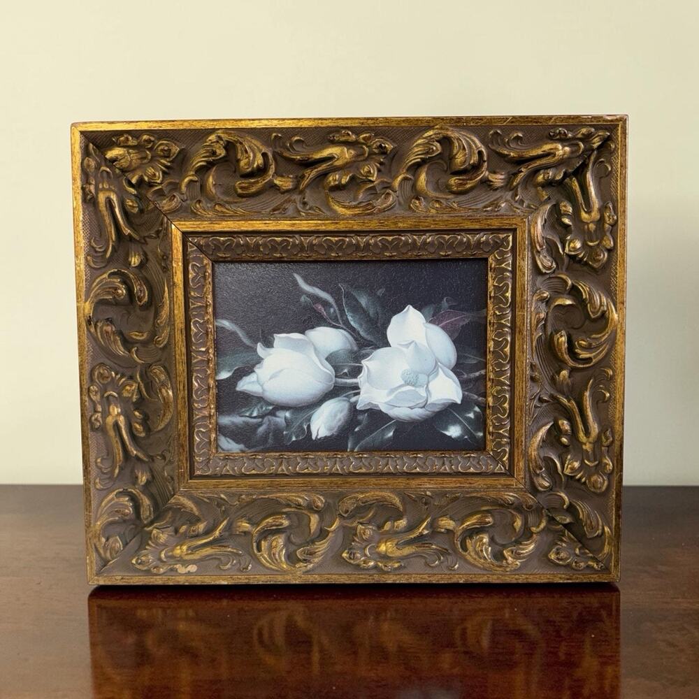Vintage Framed Magnolia Floral Art Print with Ornate Gold Frame 14.5”x12.25”x1”